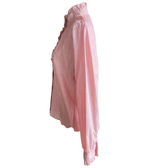 Vintage 80s Victorian Pink Ruffled Trim Modest Blouse Large Cottage High Collar - Picture 3 of 10